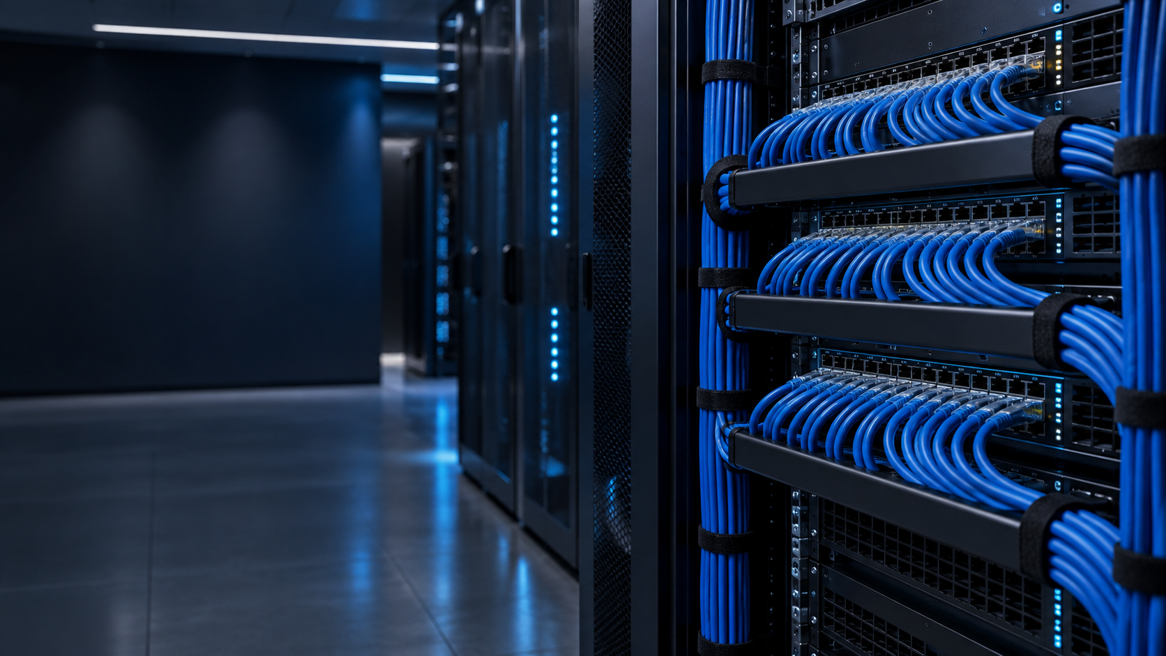 Rack de rede profissional com cabeamento azul organizado